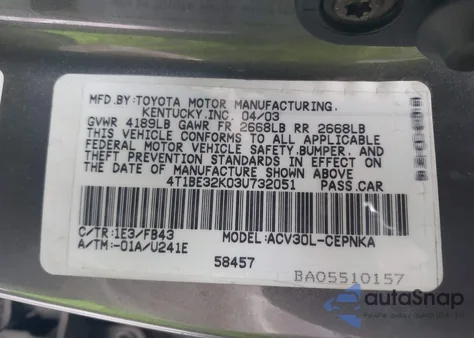 2003 Toyota Camry Le from USA, damaged, VIN 4T1BE32K03U732051